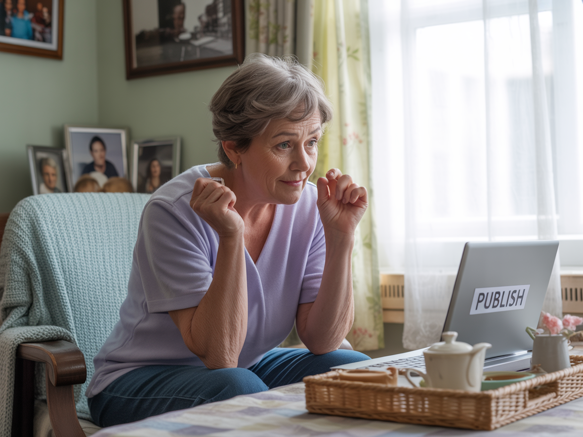 retiree-clicks-publish-online-earning-begins A retiree clicks “Publish” on a blog post from a cosy home workspace, expressing a mix of nervousness and quiet excitement as they take the first step toward earning online.