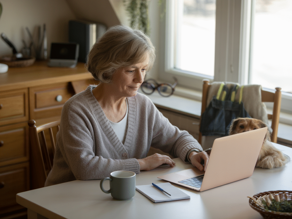 retiree-earning-online-from-home-simple-setup Older woman sits at a table using a laptop, with a notebook, pen, and mug nearby; a small dog is on a chair beside her.