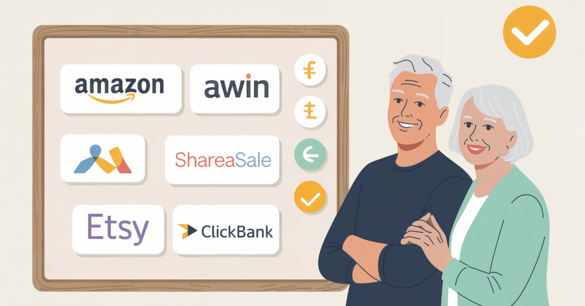 Illustration of two retirees reviewing a comparison board of popular affiliate programmes, with icons representing Amazon-style, Awin-style, ShareASale-style and ClickBank-style networks.