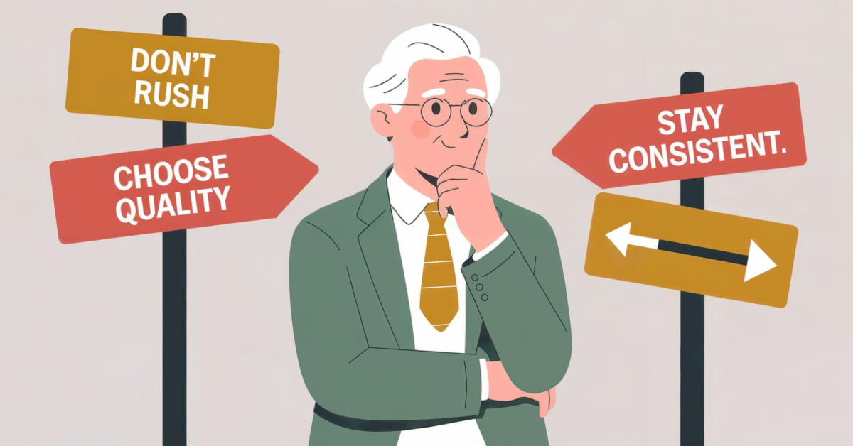 llustration of a retiree choosing the right path with gentle signpost-style guidance.