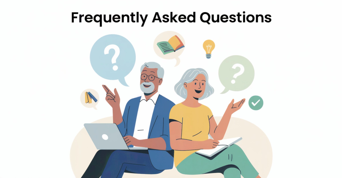 A retired couple sitting together with a laptop and notebook, surrounded by question mark icons, learning affiliate marketing.