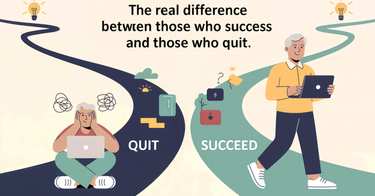 Illustration showing two paths: one person stuck and frustrated at a laptop marked 'Quit', and another confidently moving forward with a laptop on a path marked 'Succeed'