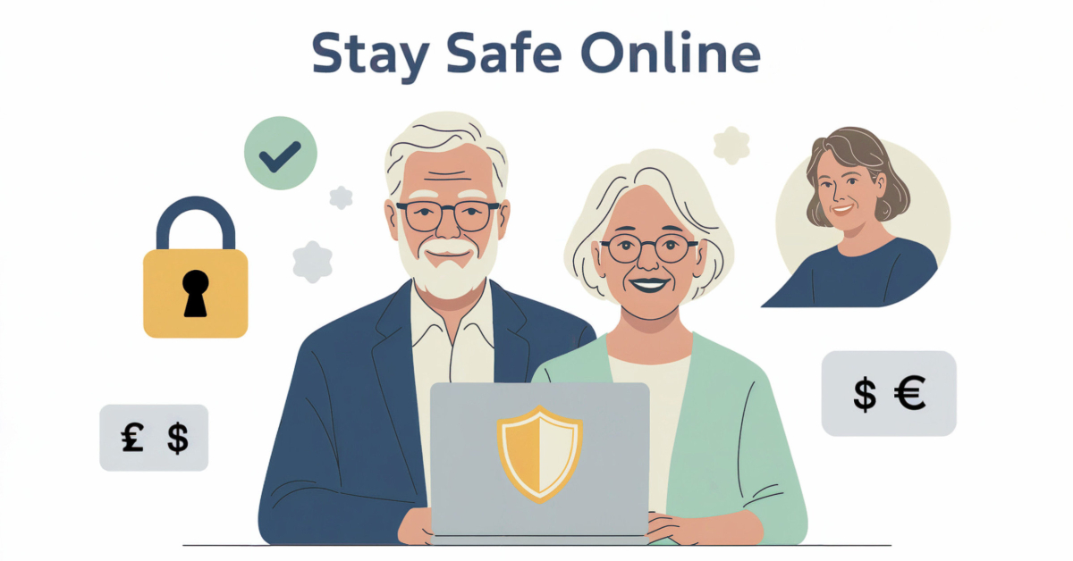 Friendly illustration of retirees using a laptop with a glowing shield symbol, representing staying safe and avoiding online scams.
