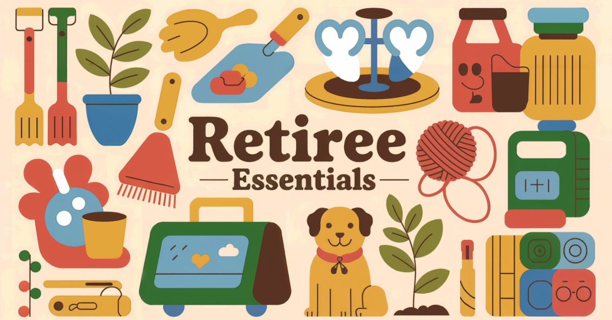 llustration of popular retiree hobbies like gardening, baking, travel, and crafts.