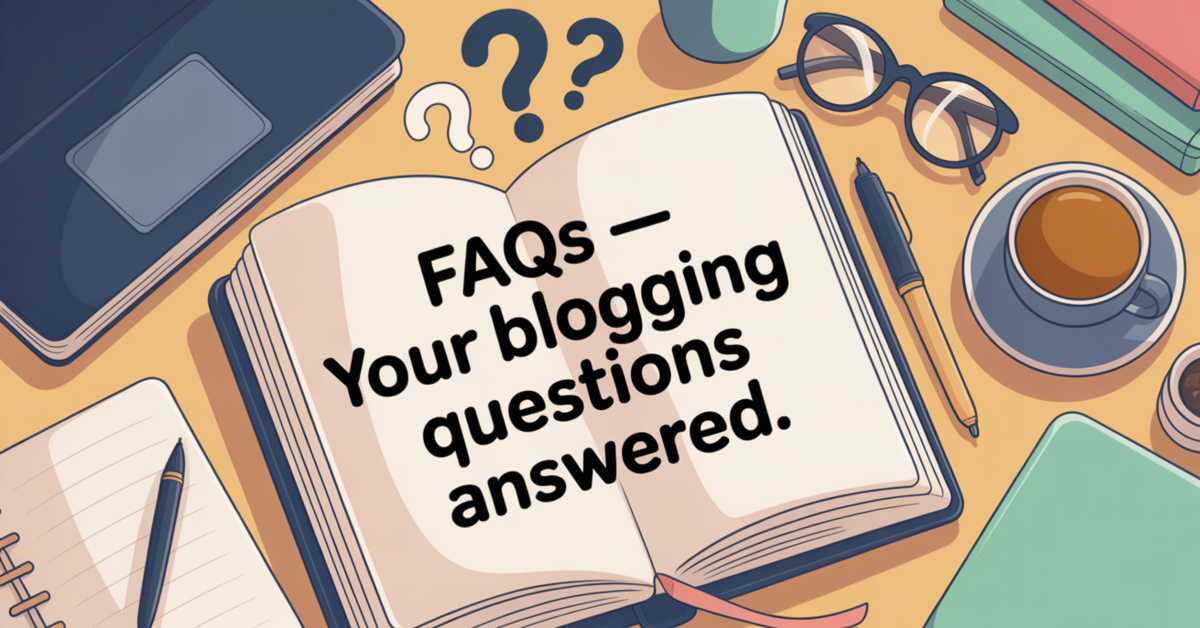 A cosy illustration of an open notebook and question marks introducing the blogging FAQ section for retirees.