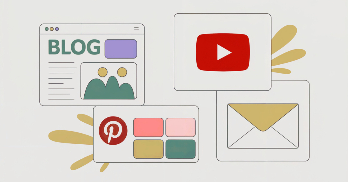 Illustration of blog, YouTube, Pinterest and email icons representing online platforms.
