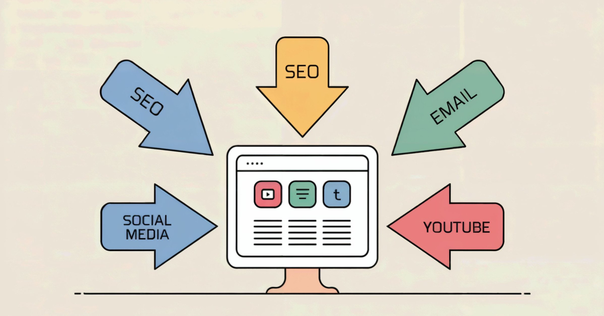 Illustration representing SEO, social media, and email traffic flowing to a website.
