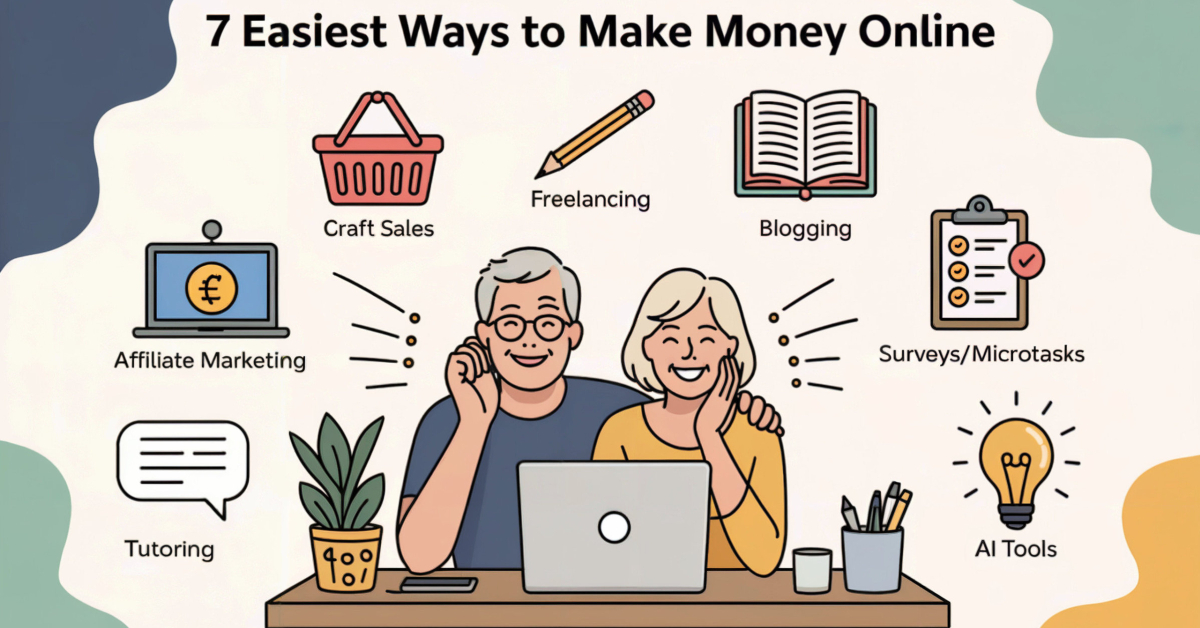 Comic-style illustration of two retirees at home surrounded by icons representing seven easy ways to make money online, including crafts, blogging, tutoring and affiliate marketing.