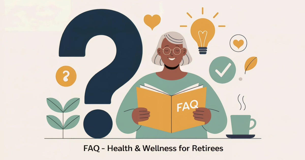 “Illustration of a smiling retiree holding an FAQ card with wellness icons, representing the Health & Wellness for Retirees FAQ section.”