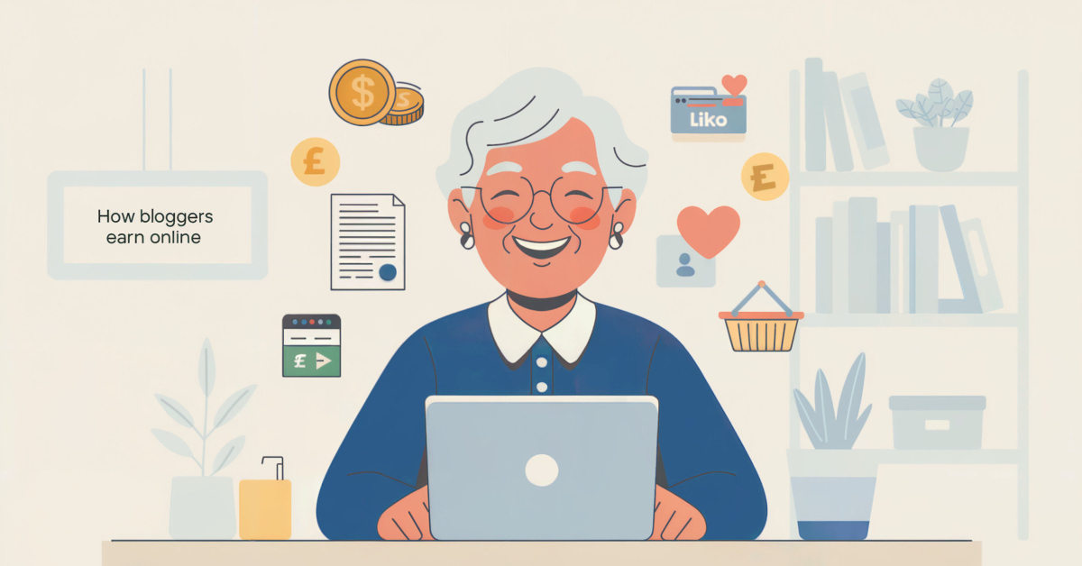 A cheerful retired blogger using a laptop with icons showing different ways bloggers make money online.