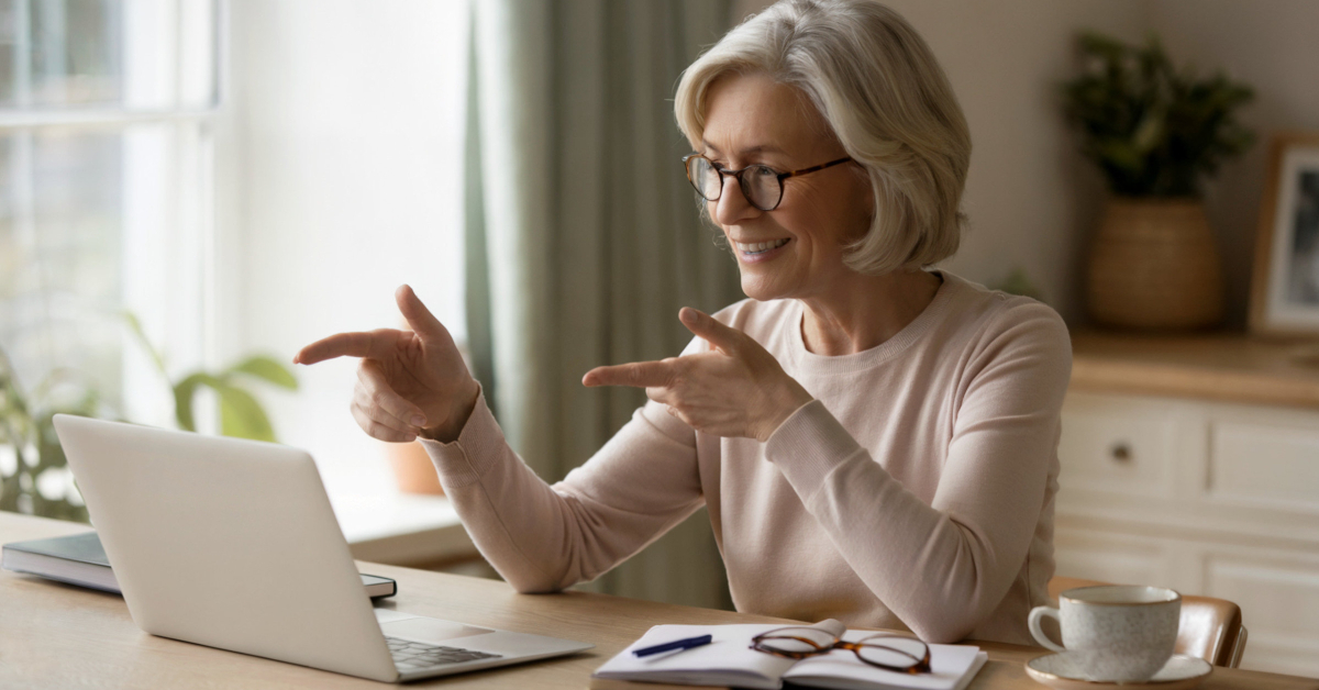 Retired woman delivering an online coaching session from home, speaking confidently to a client on a video call.