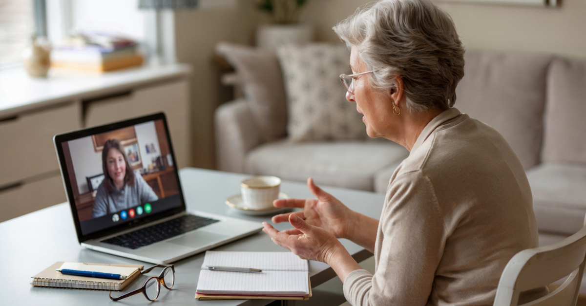 Retired woman tutoring a student online through a laptop video call at her home desk