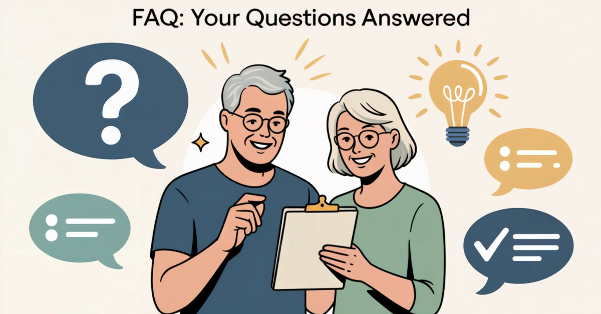 Friendly illustration of retirees reading a simple FAQ sheet with question mark and lightbulb icons.