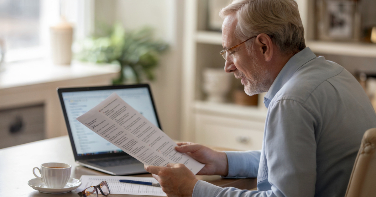 Retired man reviewing a printed list of questions and answers at his home desk..