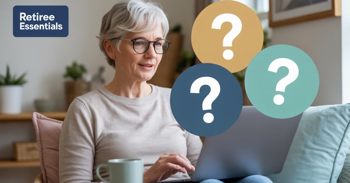 Illustration of a retiree with a laptop surrounded by floating question-mark icons, symbolising FAQs about making money online.