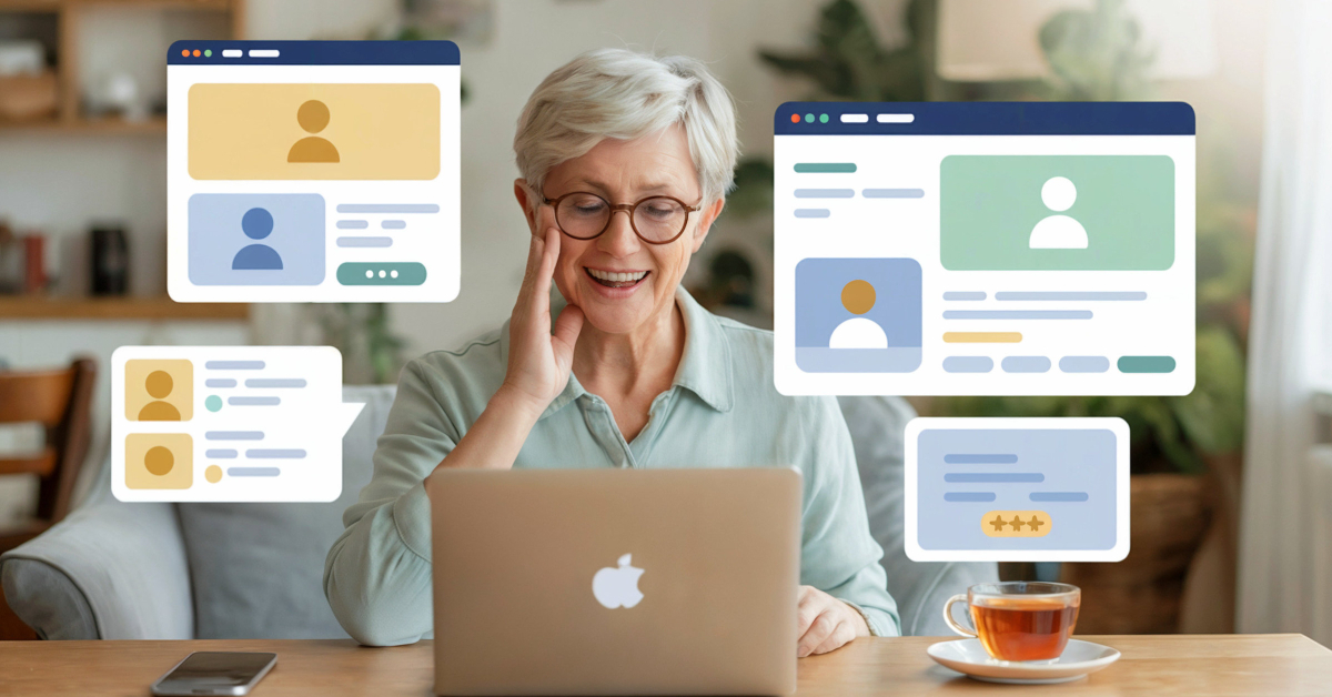 Illustration of a retiree testing a website on a laptop with icons showing simple usability tasks.