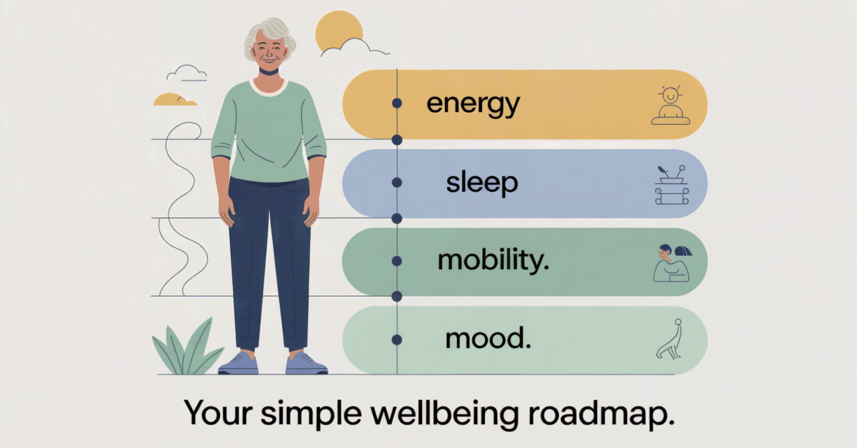Illustration of a retiree standing on a gentle wellness roadmap labelled energy, sleep, mobility, and mood, representing a simple wellbeing roadmap for retirees.