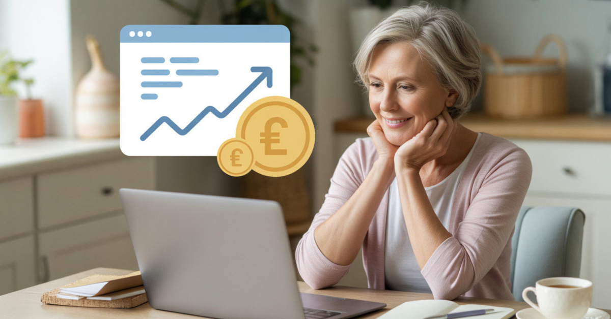 A female retiree calmly reviewing modest blogging income progress at home, showing realistic earnings without social media.