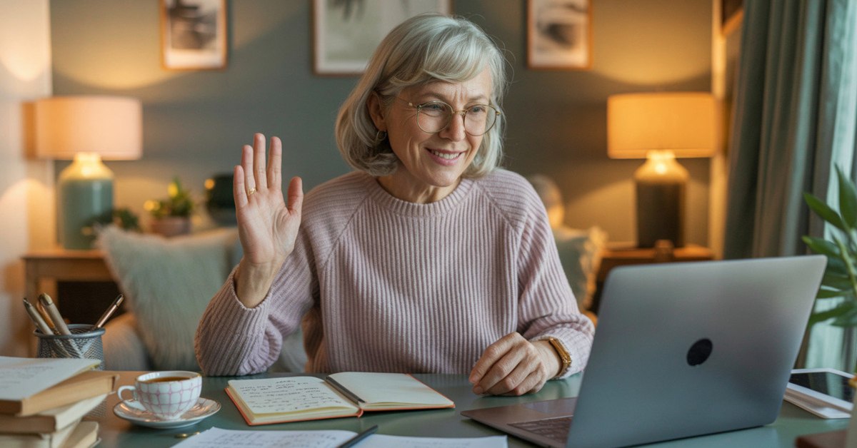 Retiree coaching creative writing and blogging online from a cosy home workspace.