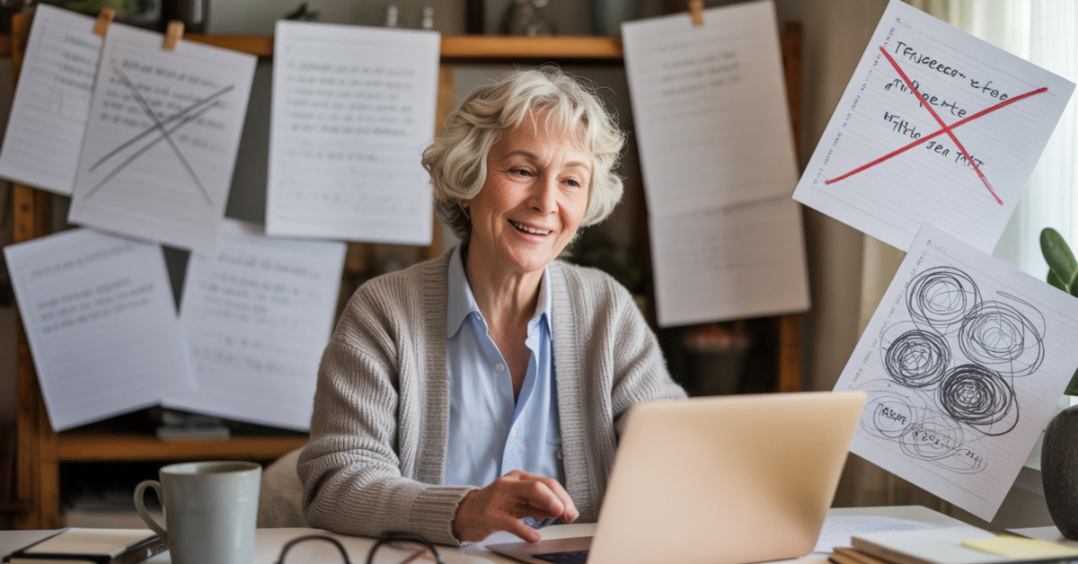 Retiree smiling at a laptop surrounded by rough drafts and notes, showing the beauty of imperfect progress.