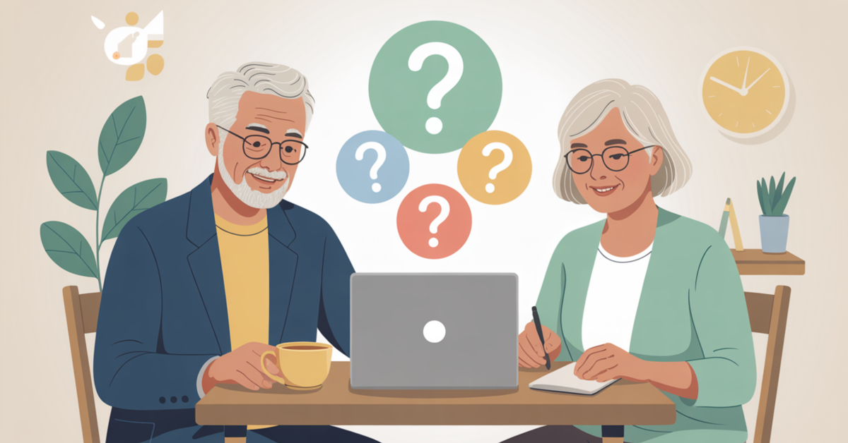 Illustration of retirees reading simple answers on a laptop with question-mark icons above it, introducing the FAQ section on digital products.