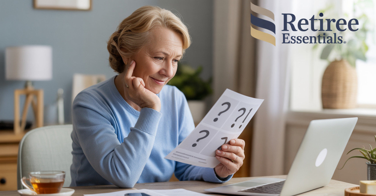 Retiree reading questions on a laptop while smiling, symbolising a supportive FAQ section.