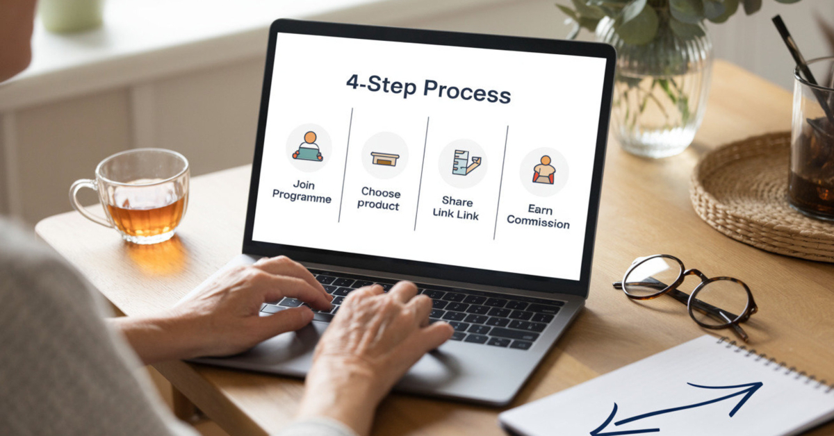 Laptop on a kitchen table showing a simple four-step affiliate marketing process, with a retiree’s hands and a cup of tea nearby.