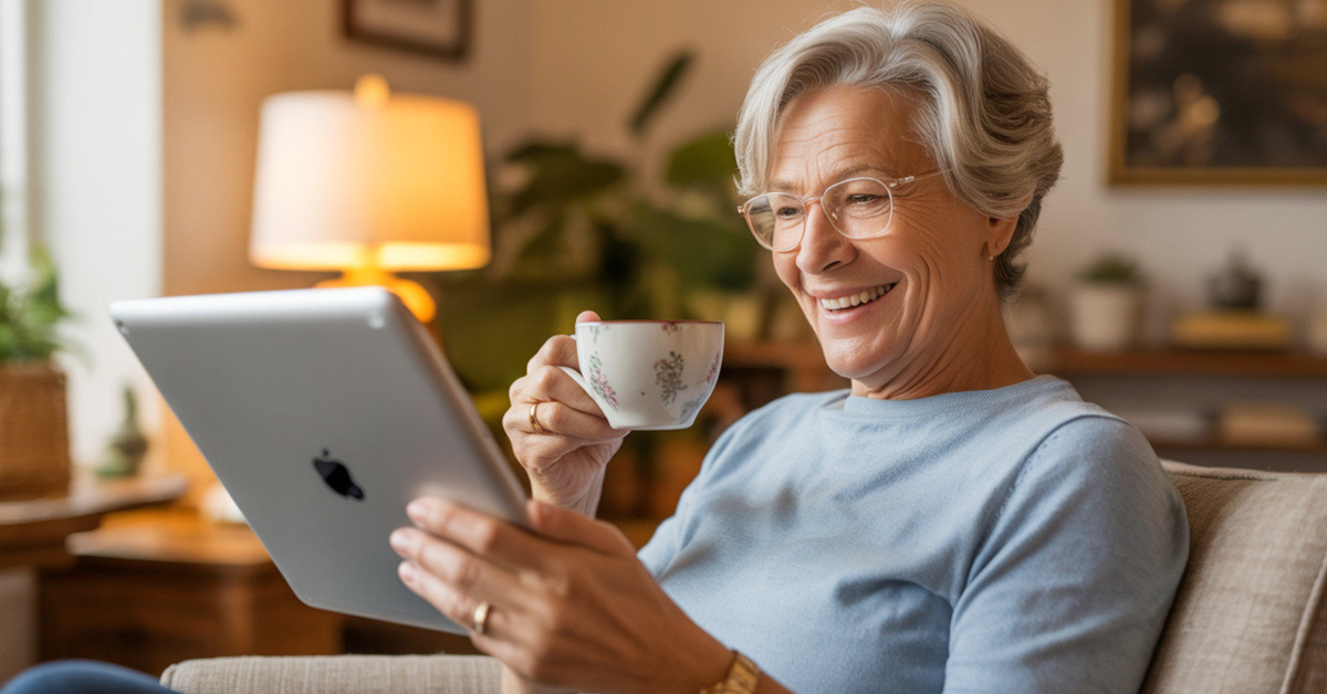 Retiree using a tablet in a cosy home setting, symbolising joining a warm online community.