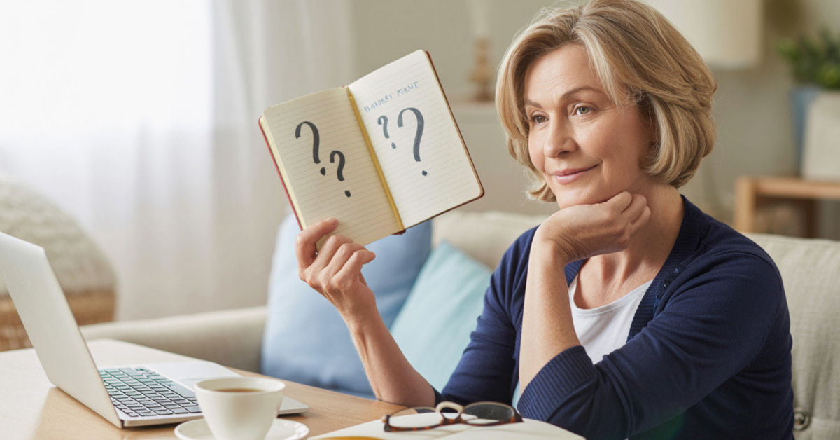 A female retiree reviewing questions about making money online, showing clear and reassuring answers for retirees