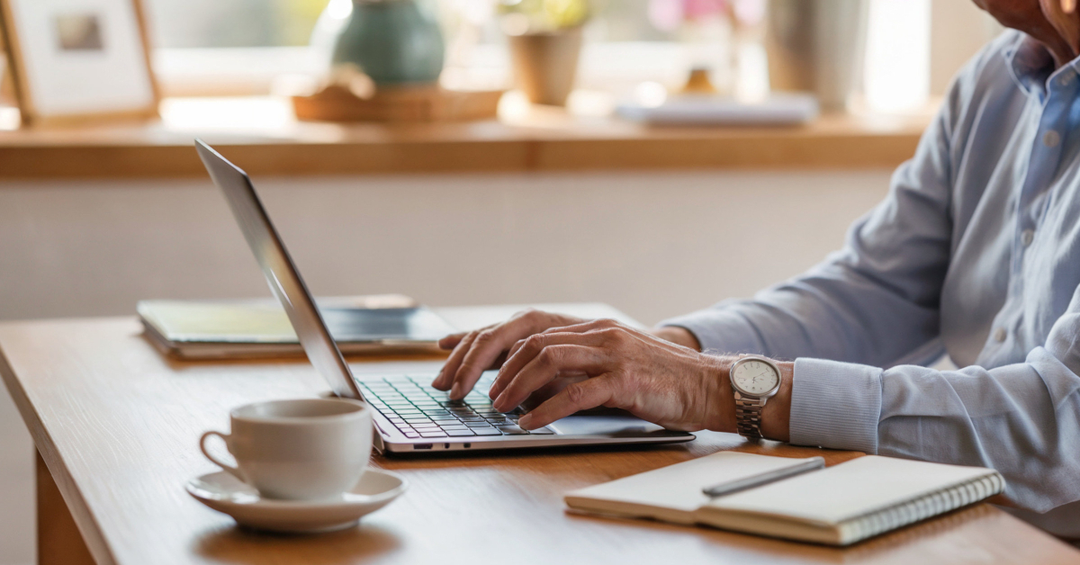 Hands of a retiree typing on a laptop, symbolising learning and gentle support.