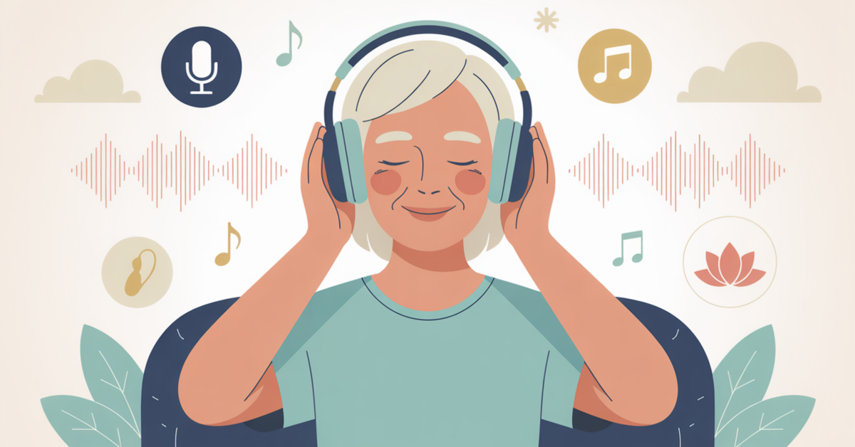 Retiree listening to or recording meditation audio with calming symbols around them.