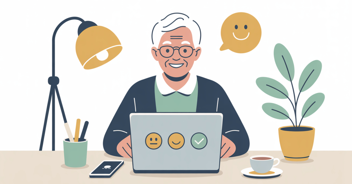 Illustration of a retiree confidently using a simple laptop interface, showing that digital product creation doesn’t require tech skills.