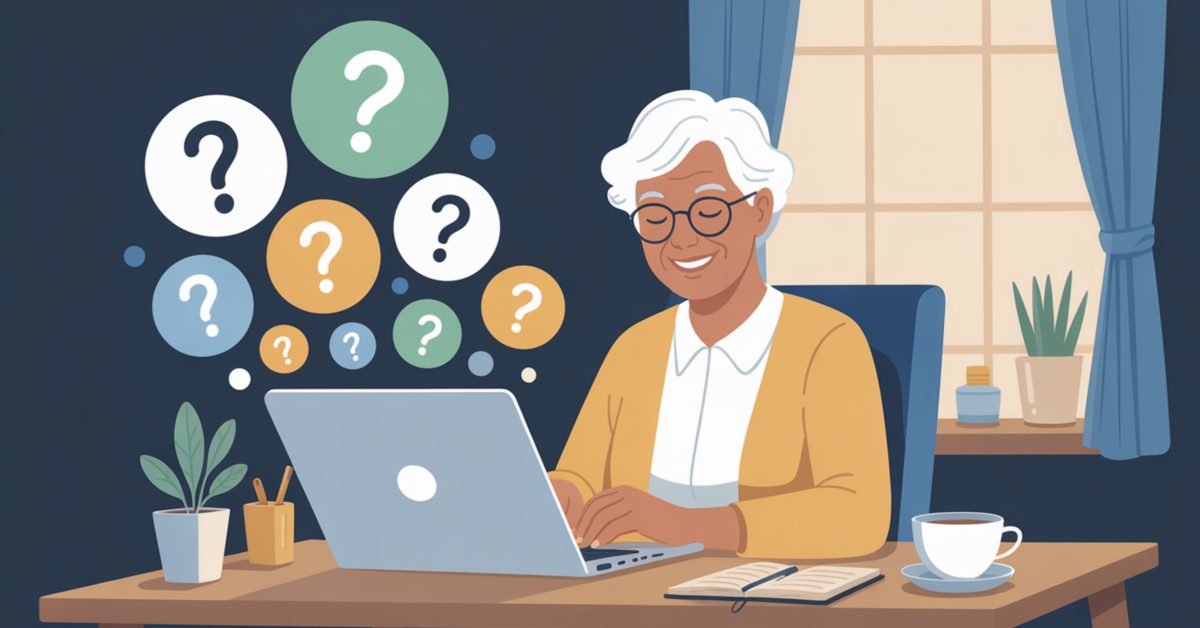 Illustration of a retiree looking at a laptop with question-mark icons above it, introducing the FAQ section of an online coaching business guide.