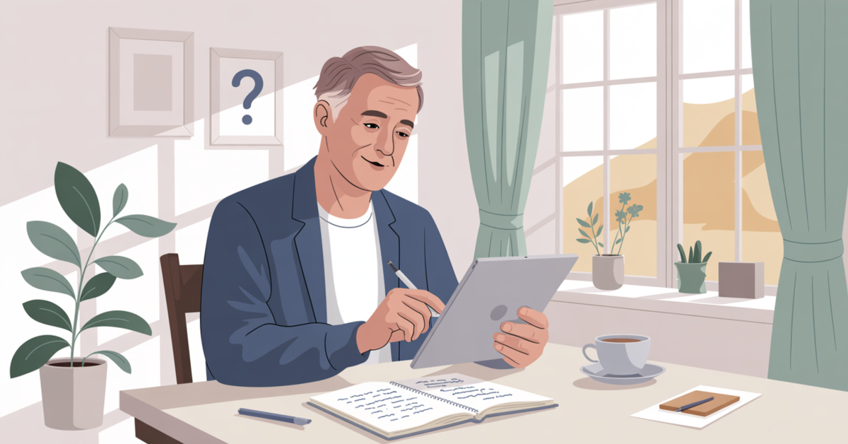 A male retiree reviewing notes on a tablet at home, representing clear answers to common questions about online training in retirement.
