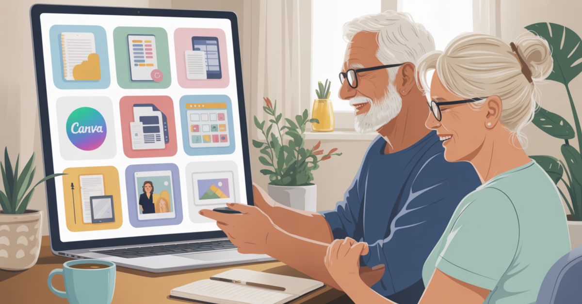 Illustration of retirees exploring different types of digital products they can sell, including eBooks, printables, templates and online courses.