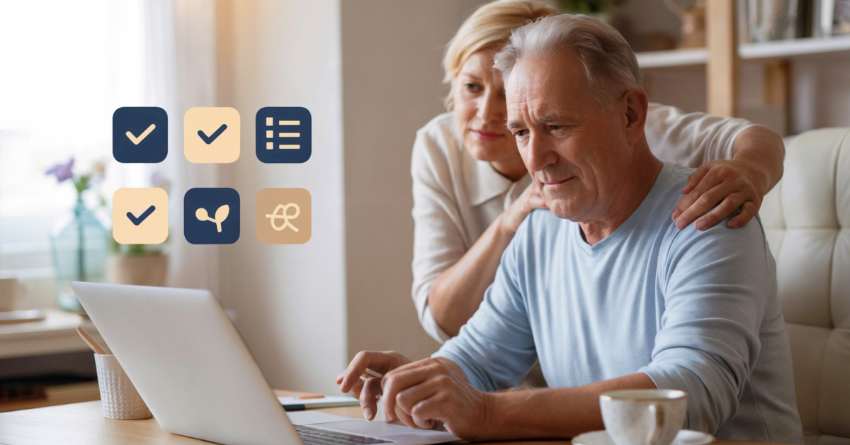 A retired person looking slightly unsure but reassured while working on a laptop at home, symbolising support through common digital income fears.