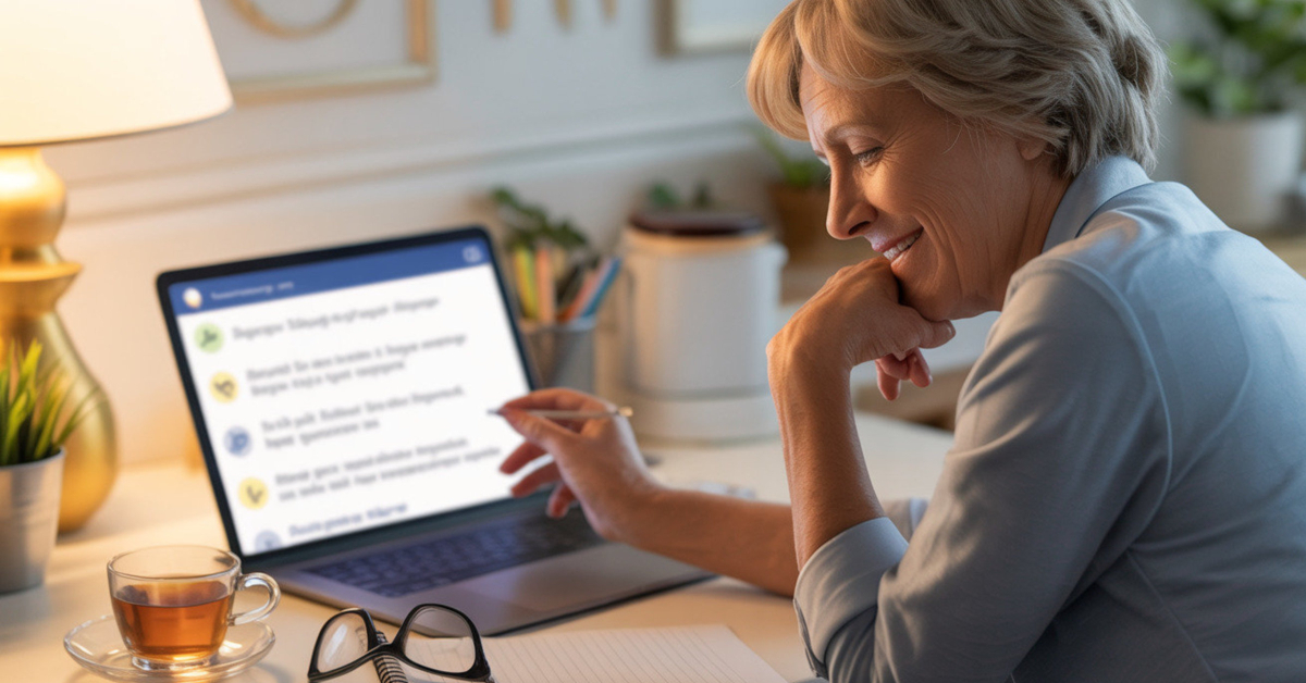 A friendly retiree reading questions on a laptop with a notepad of FAQs beside them.