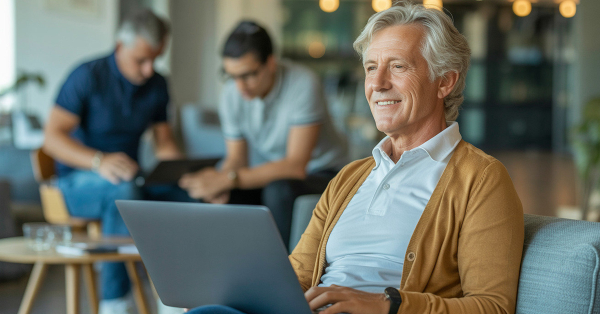 A calm retiree coach working confidently at a laptop while younger coaches in the background appear busy or rushed.