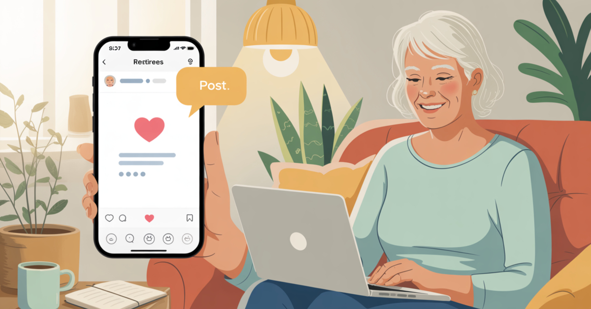 Illustration of a retiree gently sharing their new coaching offer online using a laptop or smartphone in a calm home setting.