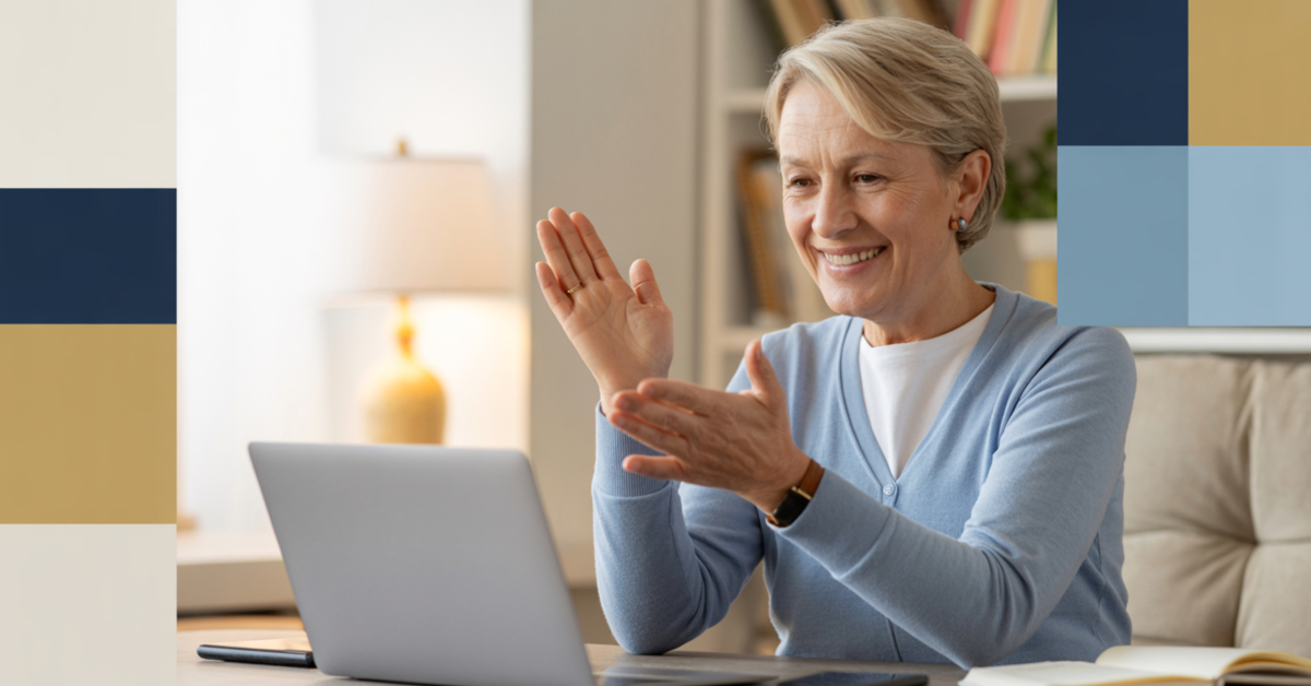 Retiree confidently coaching online, showing warmth and experience during a video call.