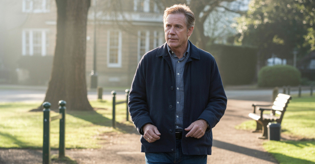 A calm male retiree walking thoughtfully outdoors, representing patience and steadiness that suit passive income in retirement.