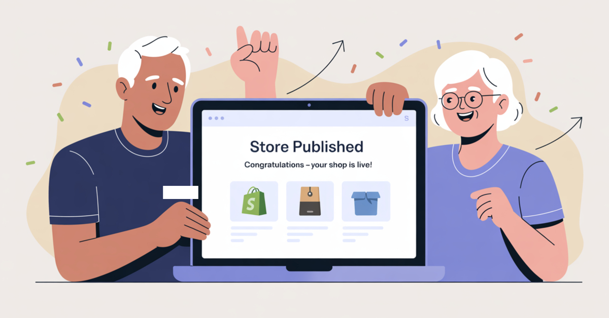TA retired couple smiling as they celebrate launching their Shopify store, with a laptop showing a “Store Published” message and subtle uplifting graphics in the background.