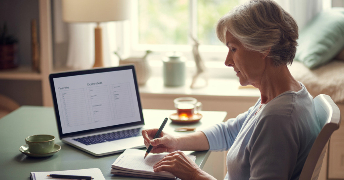 A woman retiree calmly creating a simple digital product on a laptop at home, showing how digital products can be built once and sold repeatedly.