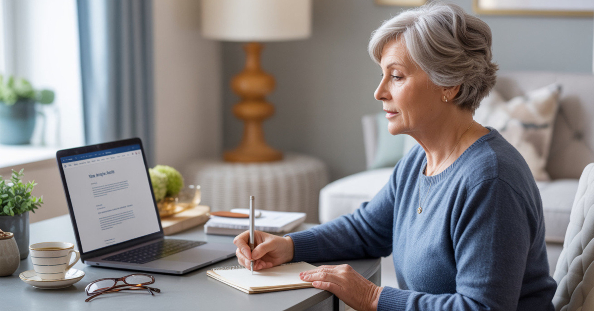 Simple online income paths for retirees shown by a woman working calmly at home without tech overwhelm
