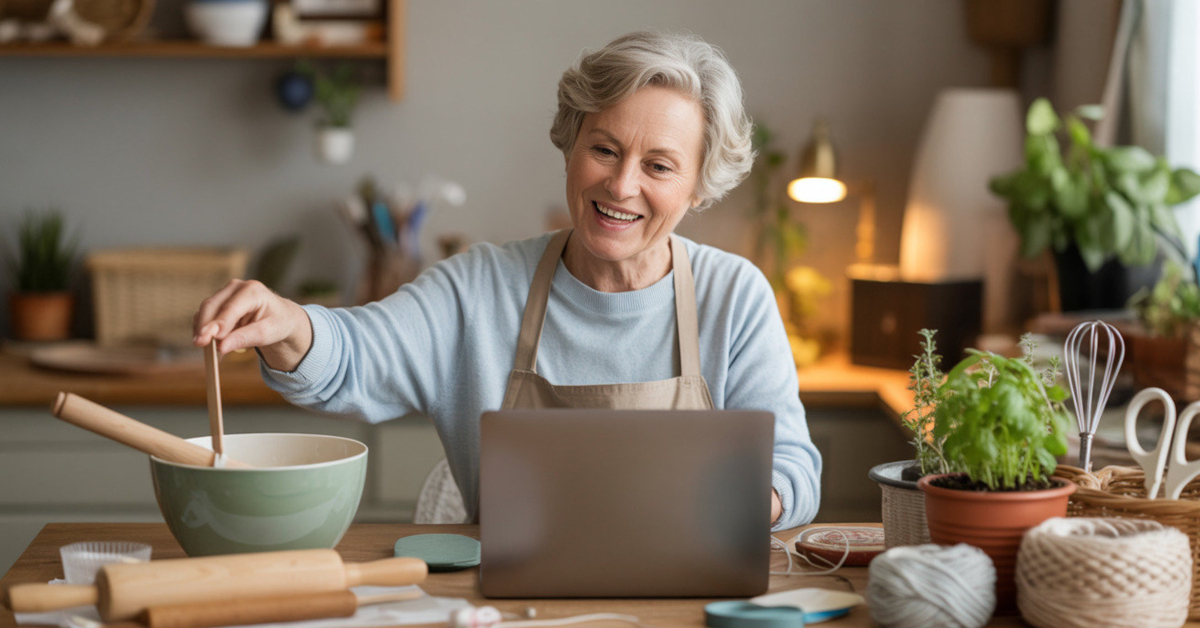 Retiree coaching hobbies online, surrounded by baking, gardening, and craft materials in a warm home workspace.