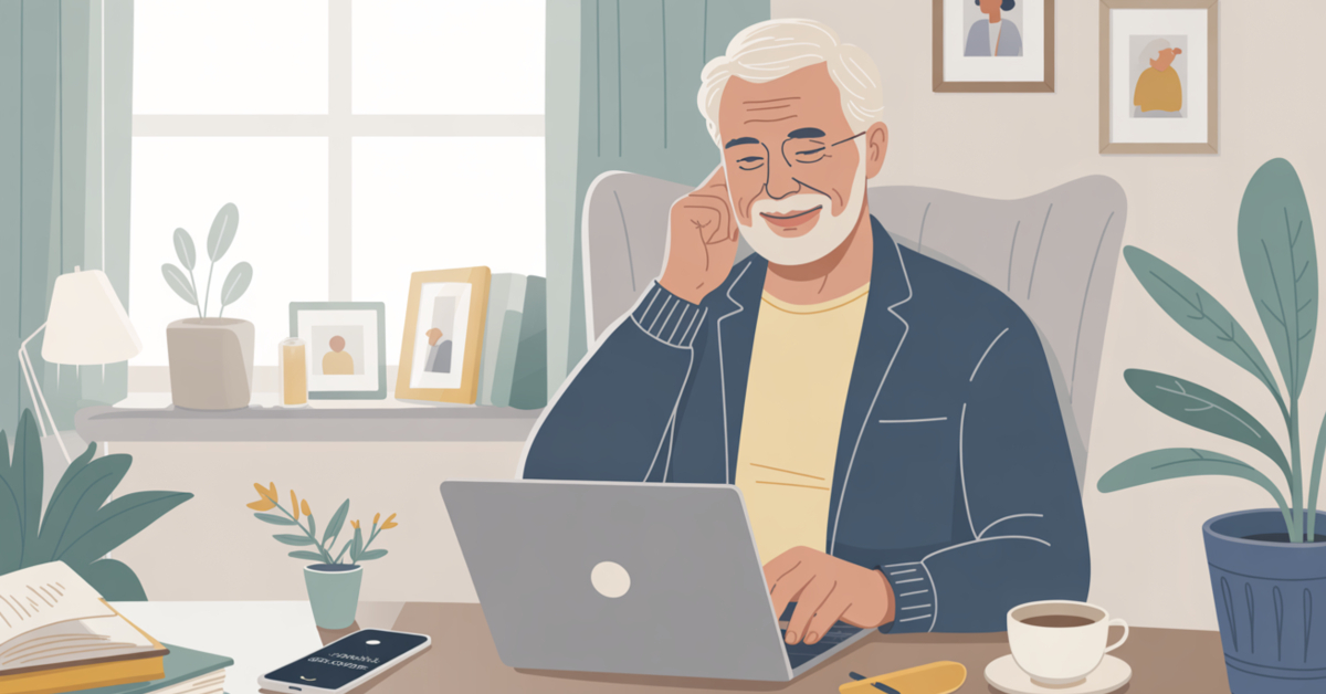 A male retiree learning online at home and staying connected, showing gentle progress and ongoing learning in retirement.