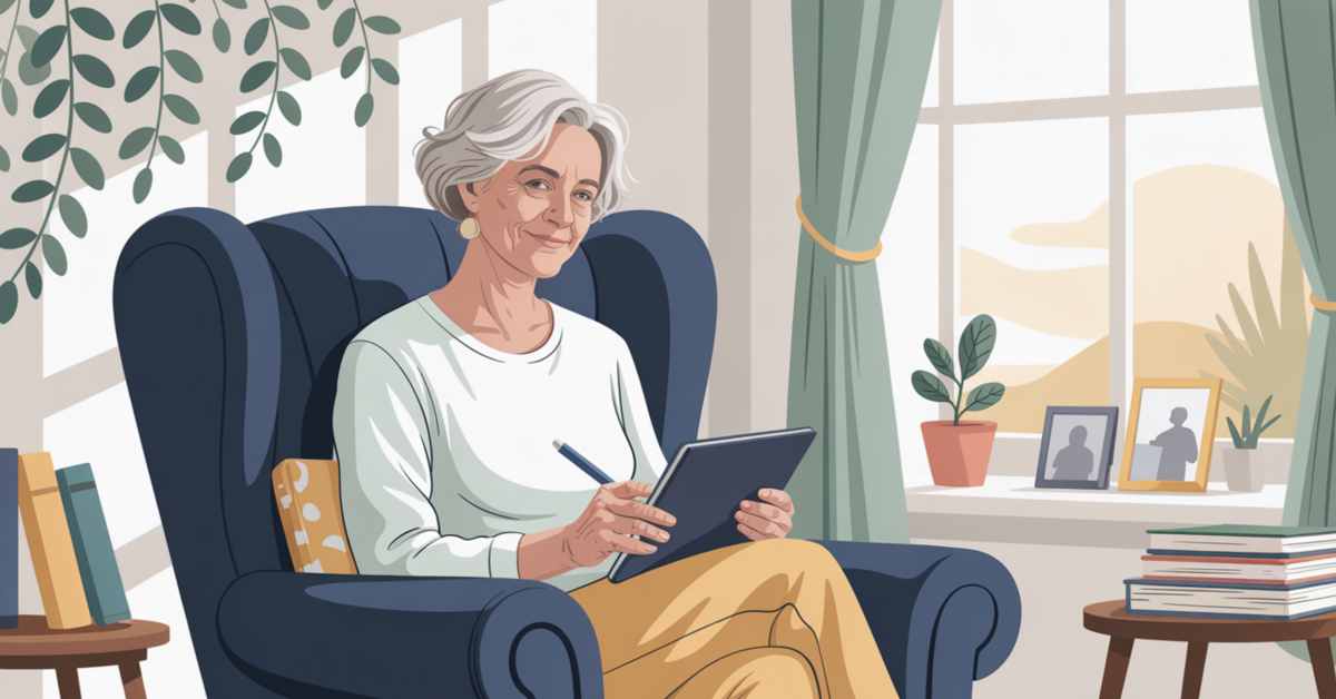 A female retiree enjoying a calm, reflective moment at home, showing the personal and mental benefits of earning online beyond extra income.