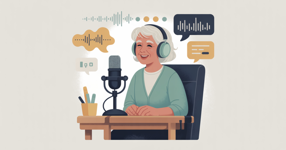 Retiree recording voiceover using a microphone and headphones at a home desk.