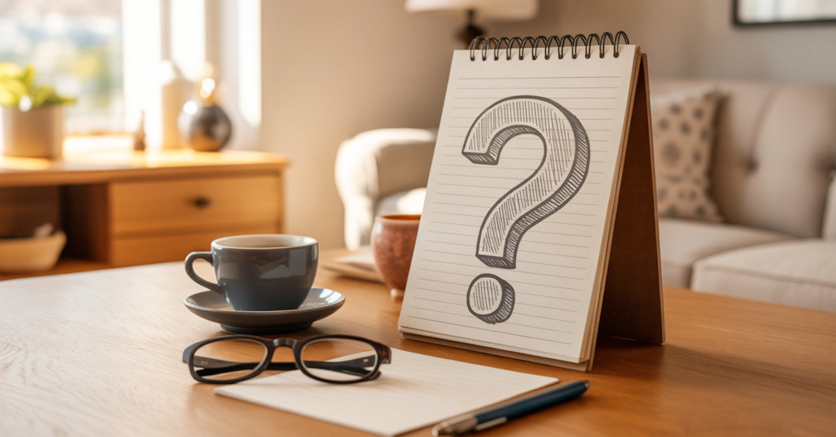 A warm, photo-realistic desk scene with a notepad showing a question mark, symbolising clarity for retirees.