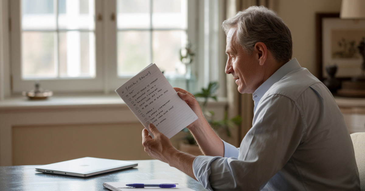 A retired man calmly reviewing notes with a sense of clarity and understanding